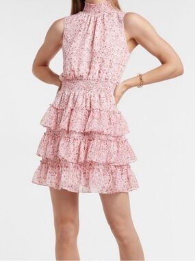 Express Pink Spotted Watercolor  High-Neck Tiered Ruffle Mini Dress Sz L Lined